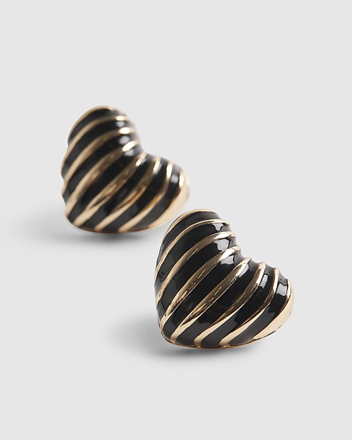 Gold Ridged Heart Stud Earrings