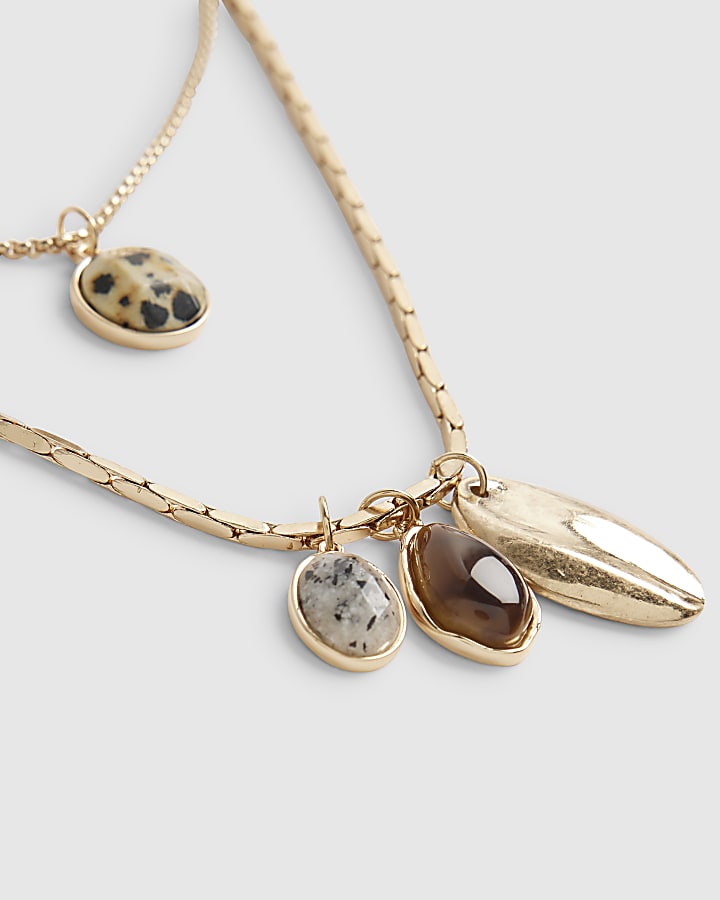 Gold Stone Double Row Cluster Necklace