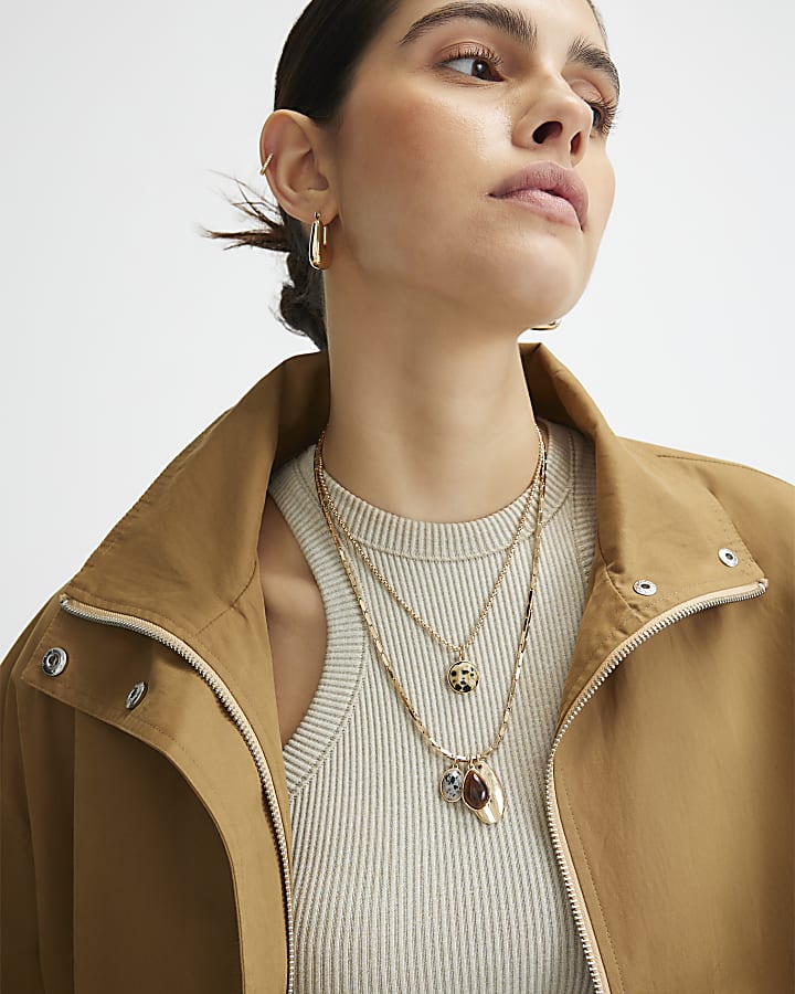 Gold Stone Double Row Cluster Necklace