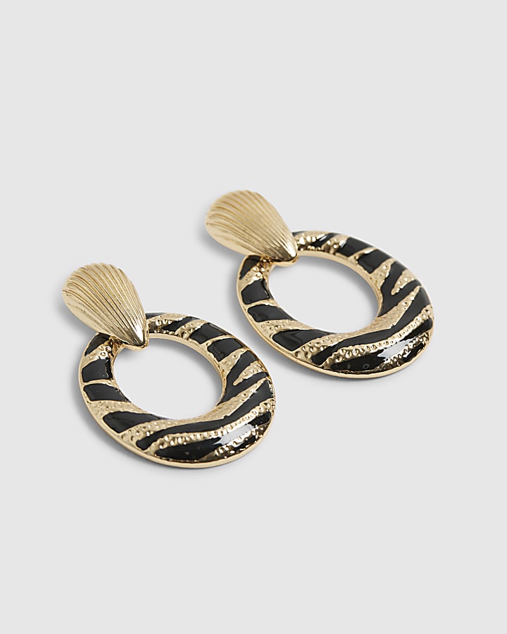 Gold Black Zebra Drop Earrings