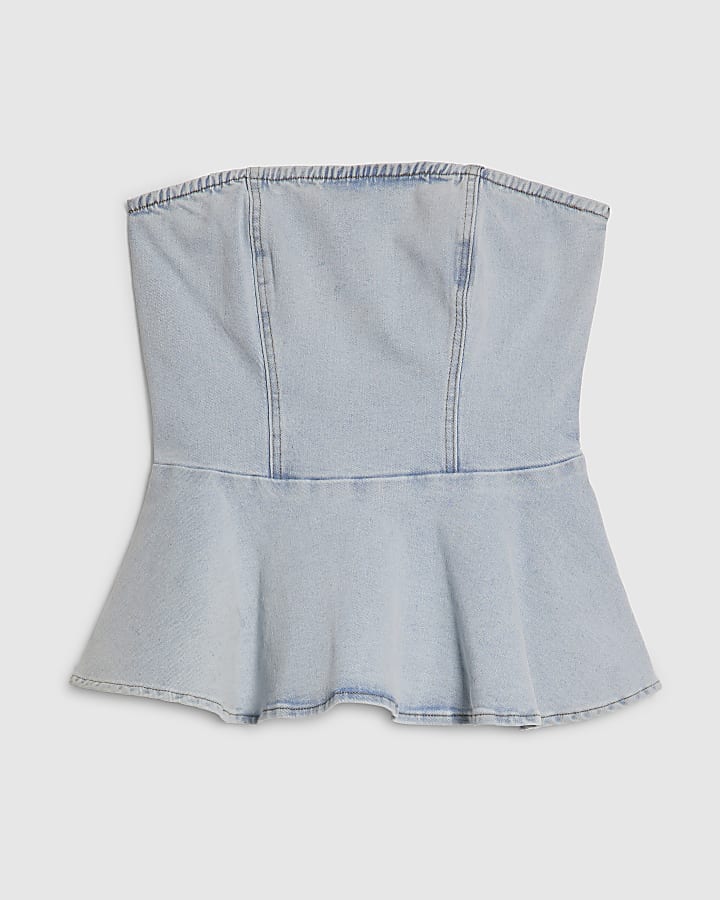 Blue Denim Peplum Bandeau Top