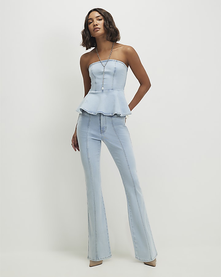 Blue Denim Peplum Bandeau Top