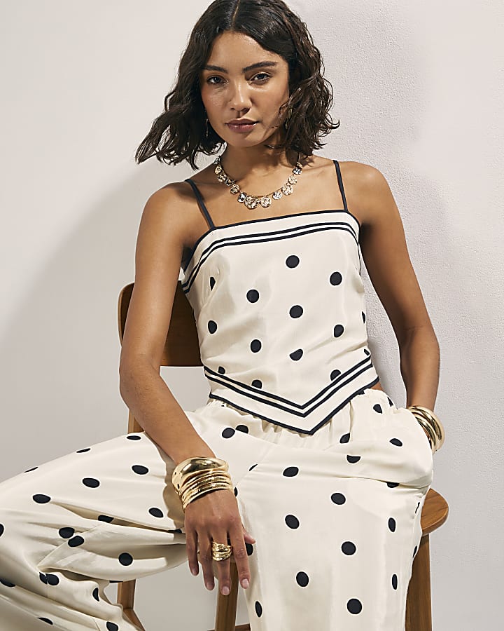 Cream Spot Print Wide Leg Trousers