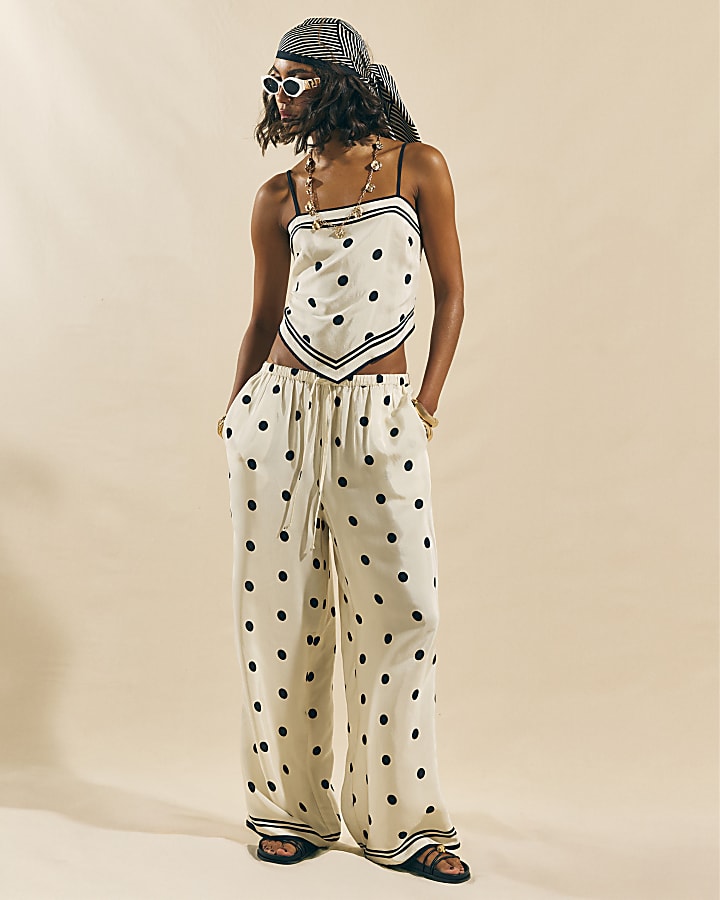 Cream Spot Print Wide Leg Trousers