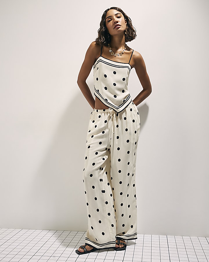 Cream Spot Print Wide Leg Trousers