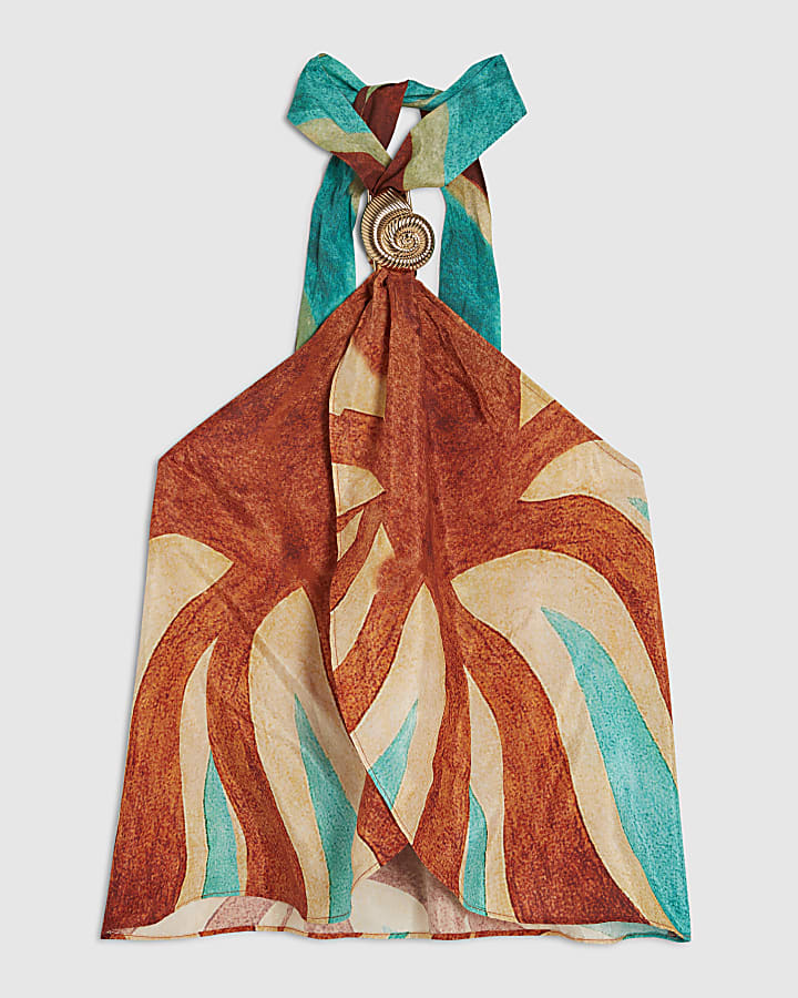 Brown Swirl Print Halter Neck Top