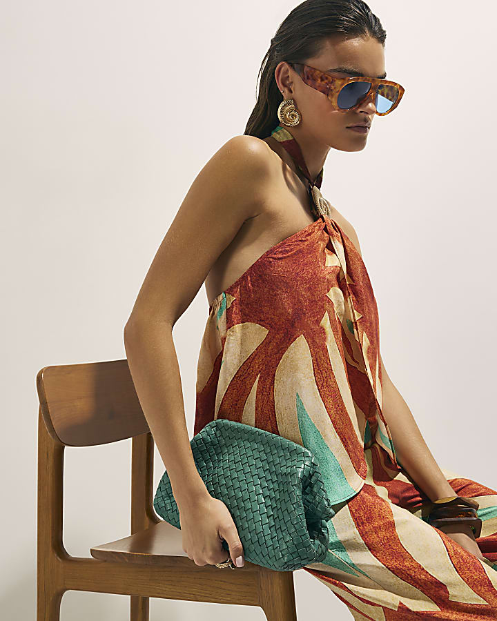 Brown Swirl Print Halter Neck Top