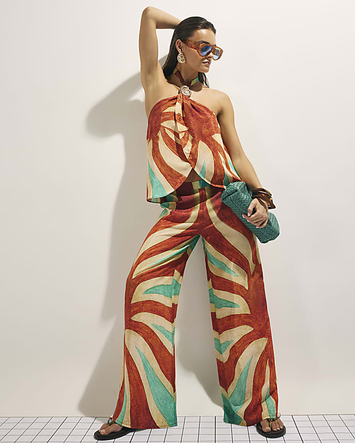 Brown Swirl Print Halter Neck Top