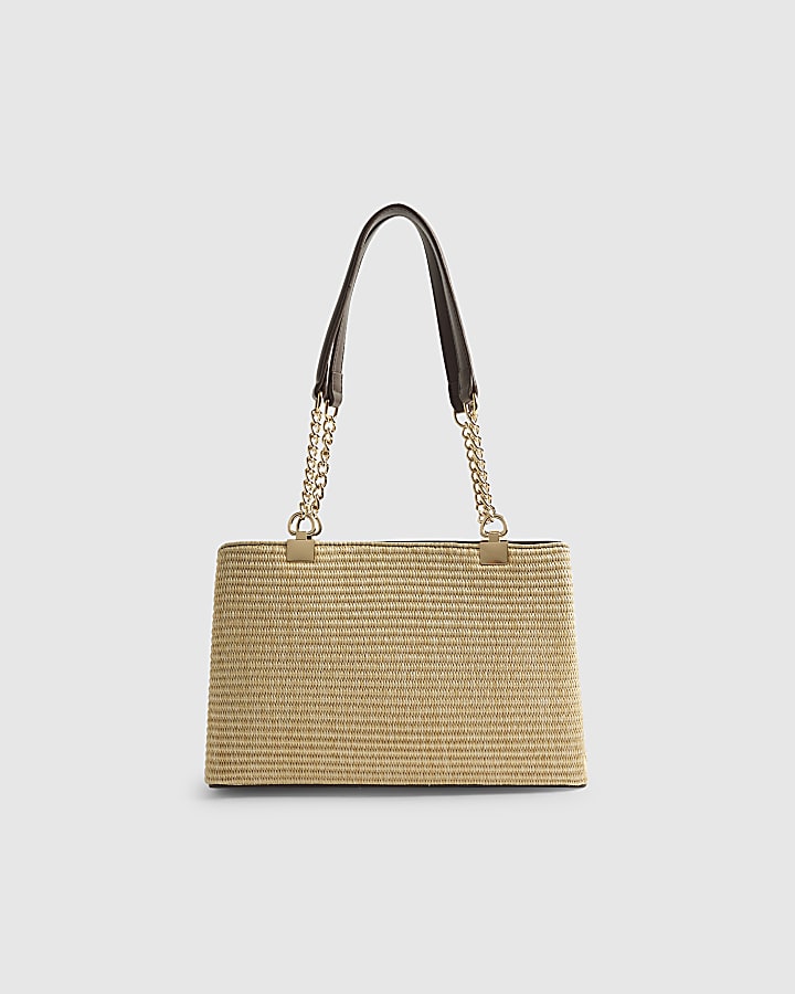 Beige Raffia Chain Handle Shoulder Bag