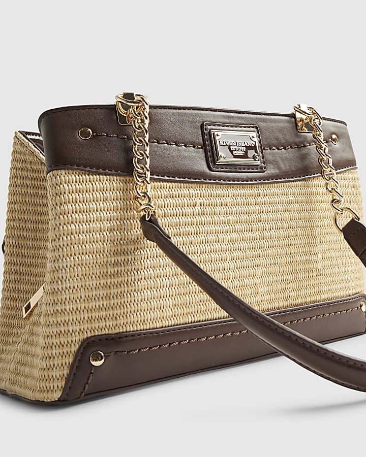Beige Raffia Chain Handle Shoulder Bag
