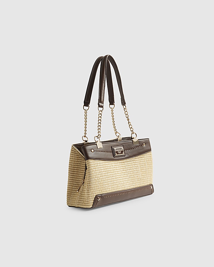 Beige Raffia Chain Handle Shoulder Bag
