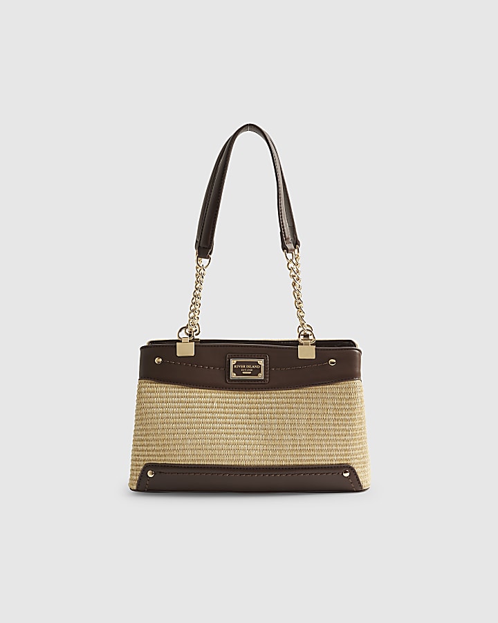 Beige Raffia Chain Handle Shoulder Bag