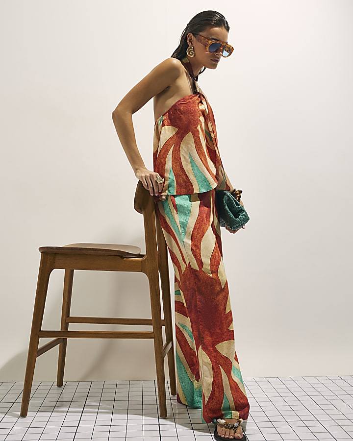 Brown Swirl Print Wide Leg Trousers