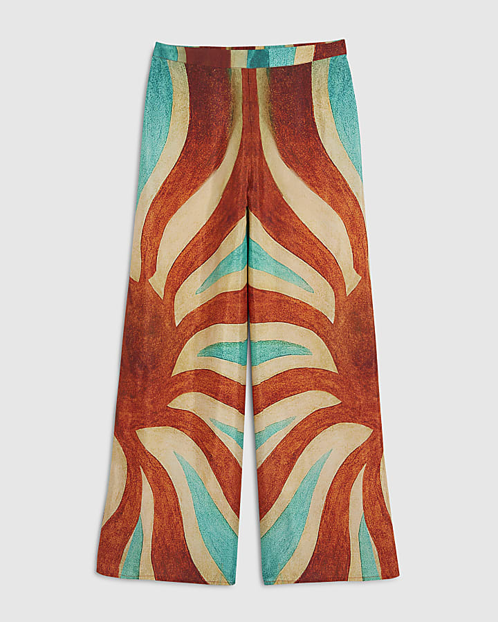 Brown Swirl Print Wide Leg Trousers