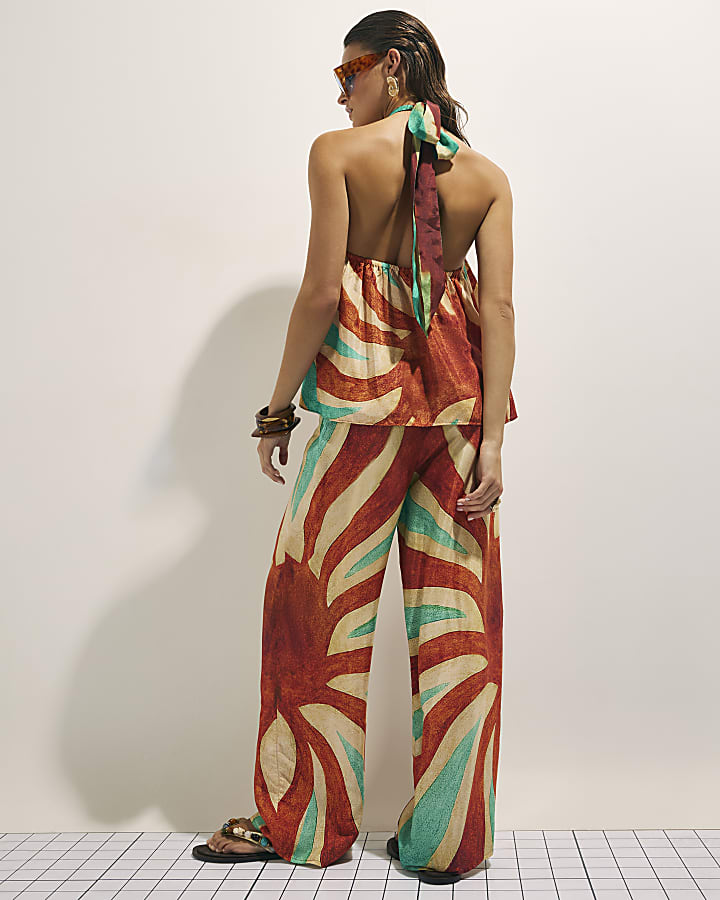 Brown Swirl Print Wide Leg Trousers