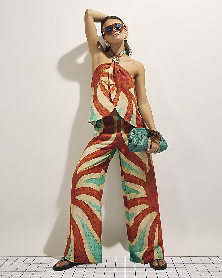 Brown Swirl Print Wide Leg Trousers