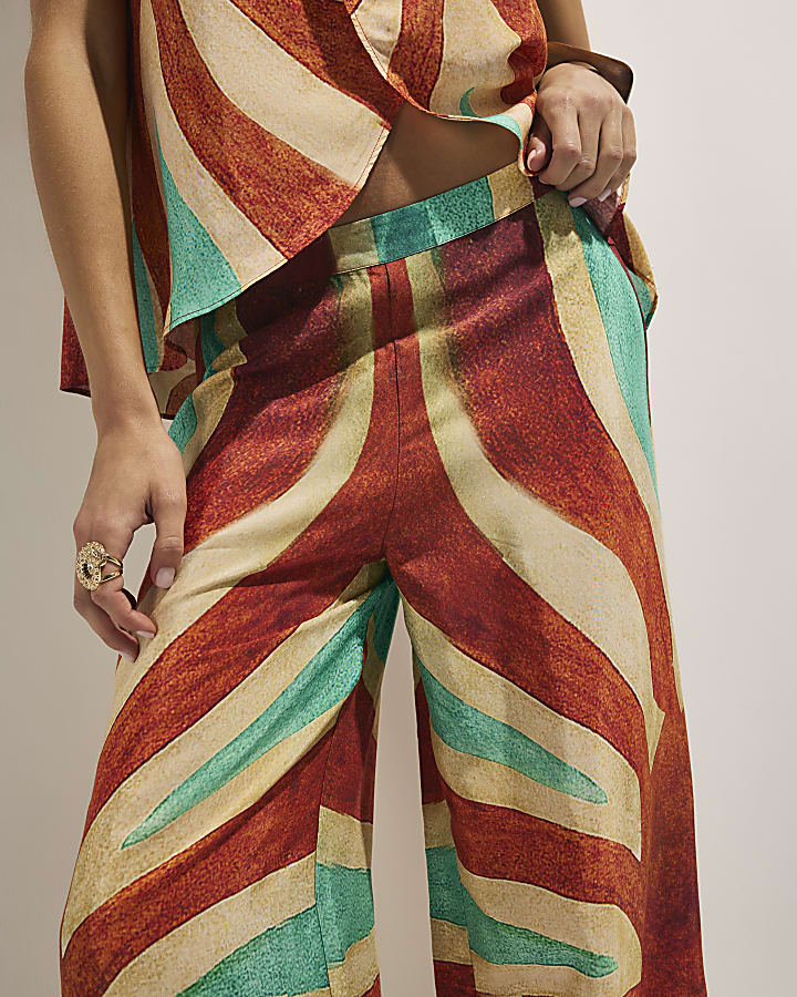 Brown Swirl Print Wide Leg Trousers