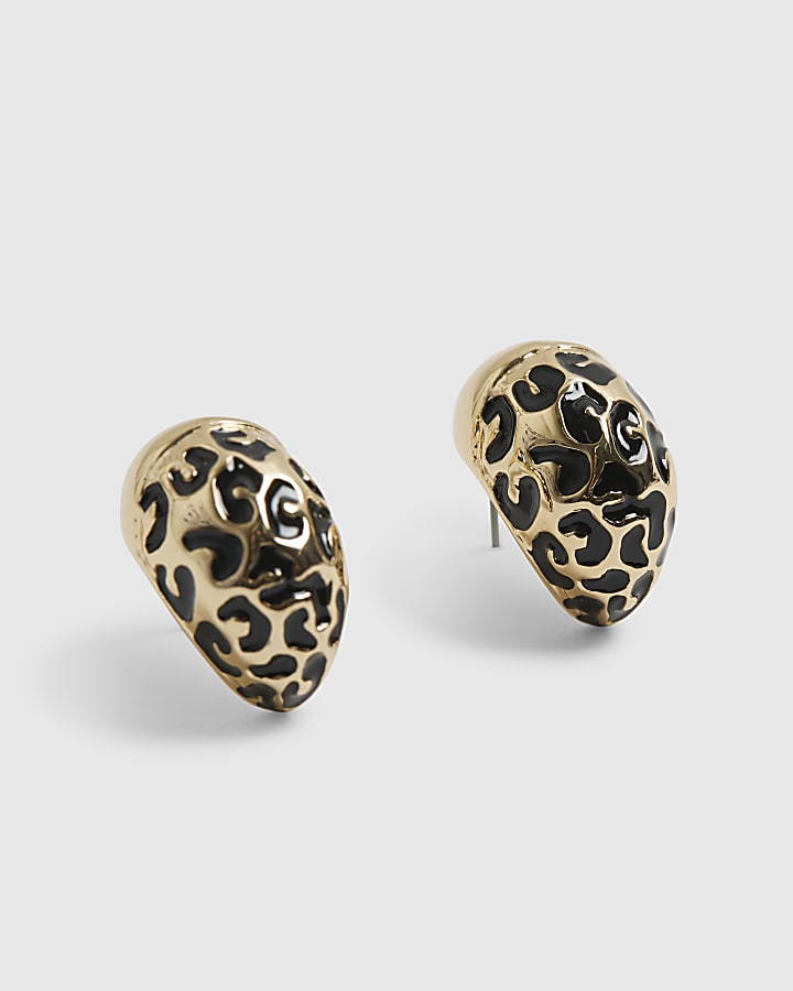 Gold Half Leopard Print Domed Stud Earrings