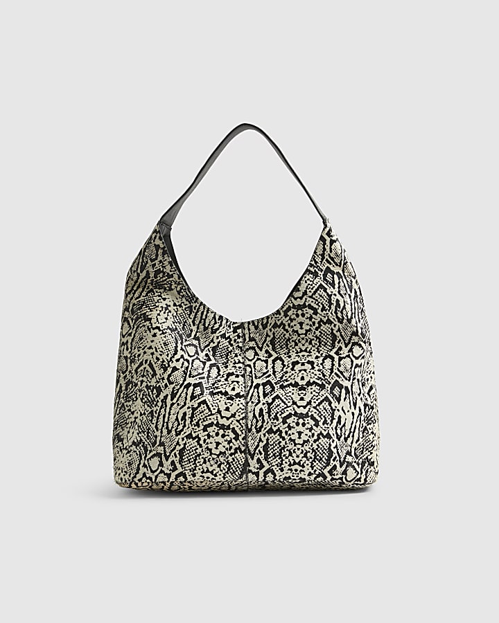 Beige Snake Pony Hair Leather Shoulder Bag