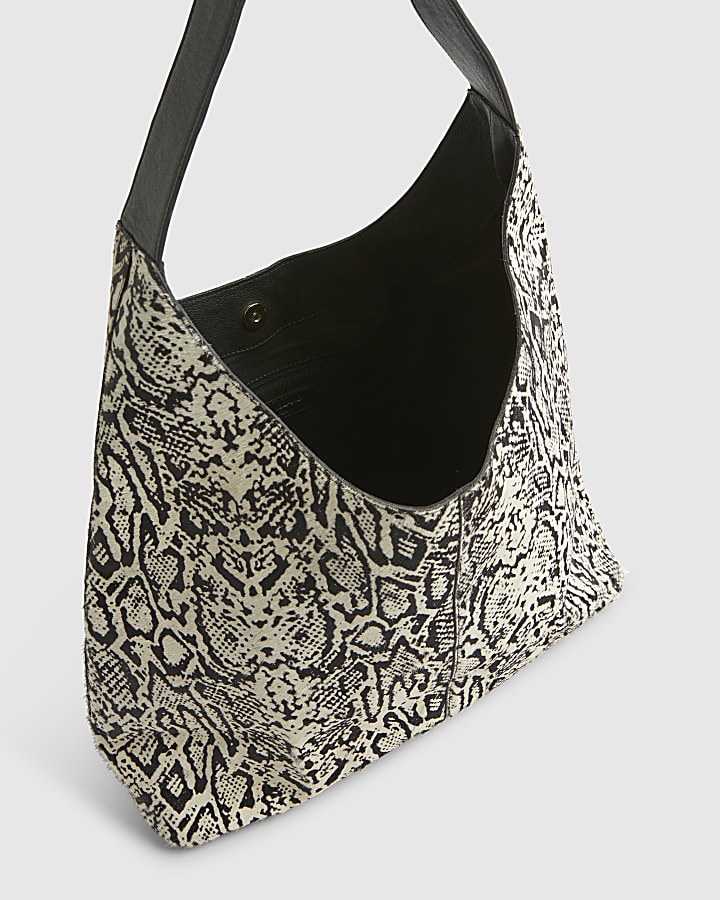 Beige Snake Pony Hair Leather Shoulder Bag