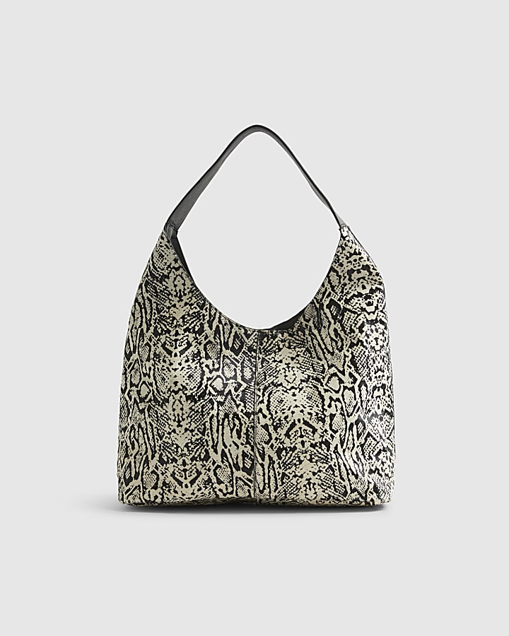 Beige Snake Pony Hair Leather Shoulder Bag