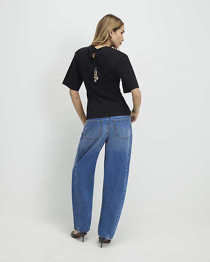 Black Short Sleeve Tie Back Seamed Top