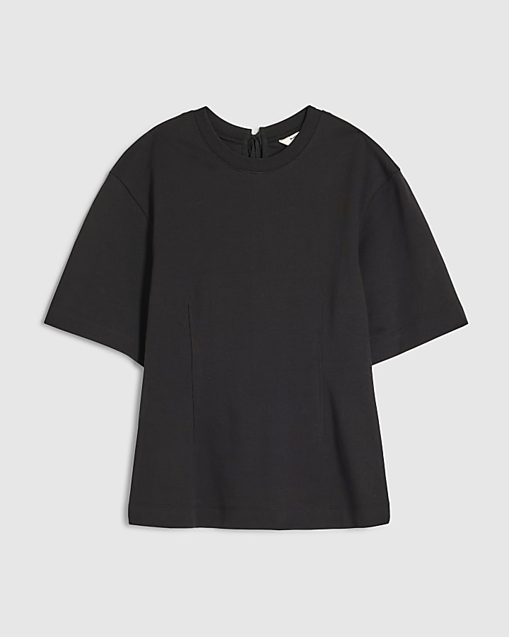 Black Short Sleeve Tie Back Seamed Top