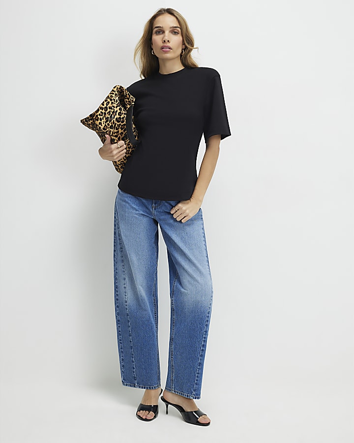 Black Short Sleeve Tie Back Seamed Top