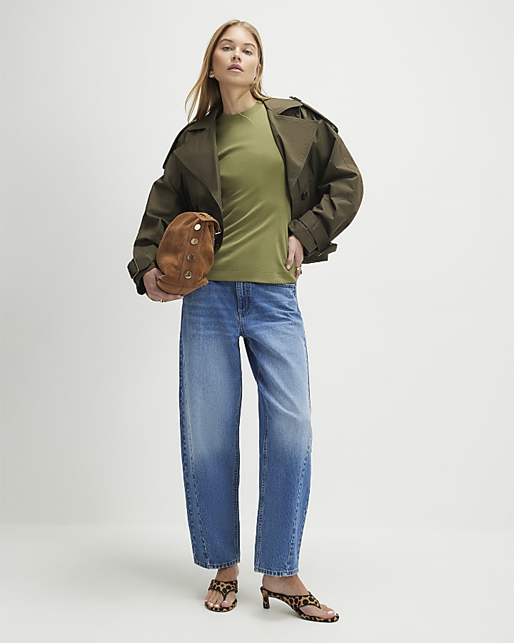 Khaki Short Sleeve Tie Back Seamed Top