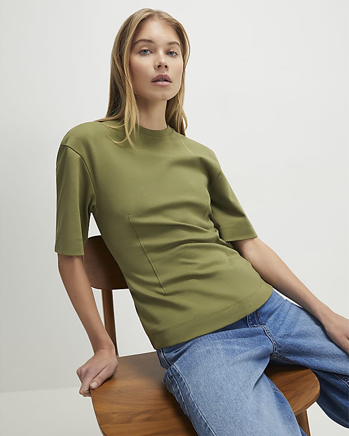 Khaki Short Sleeve Tie Back Seamed Top