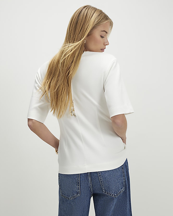 Cream Short Sleeve Tie Back Seamed Top