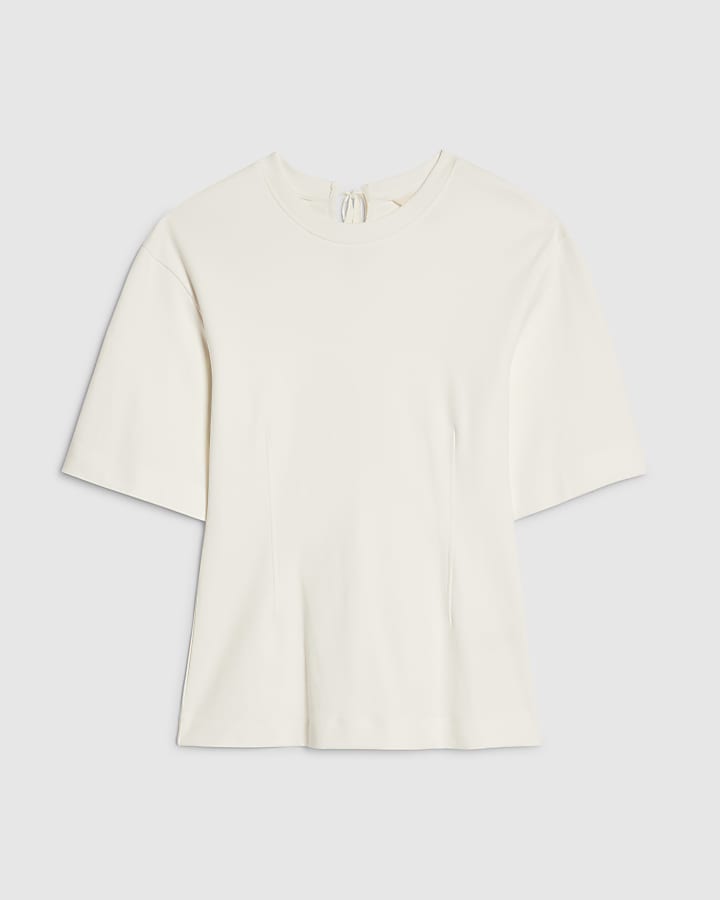 Cream Short Sleeve Tie Back Seamed Top