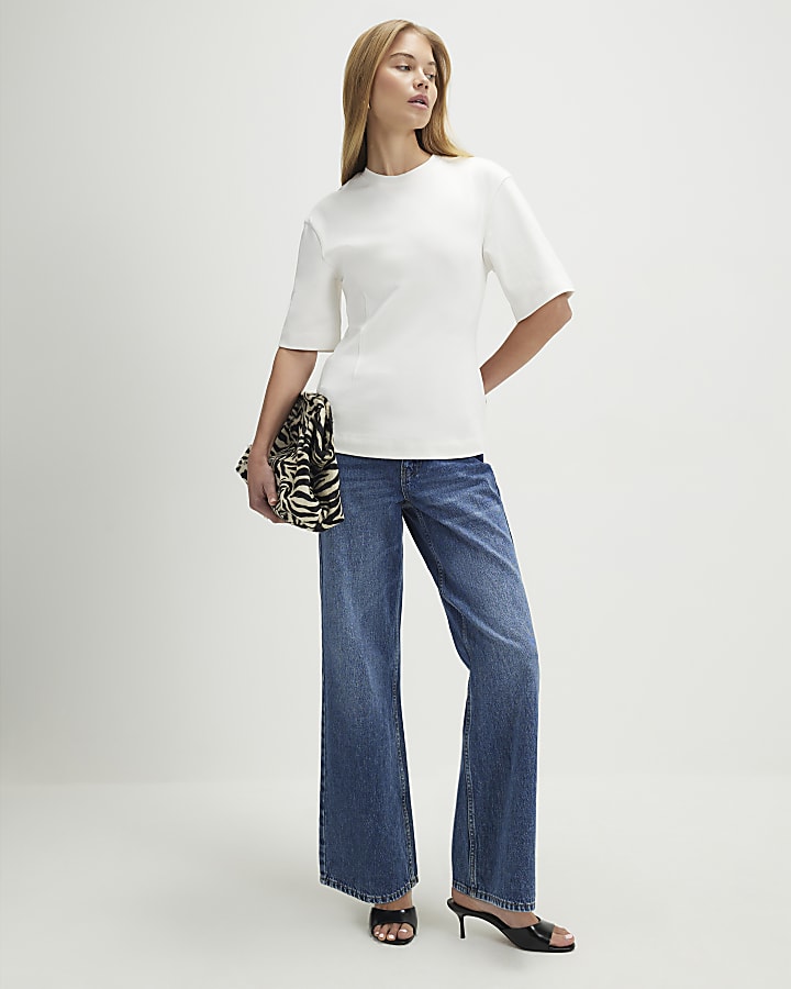 Cream Short Sleeve Tie Back Seamed Top