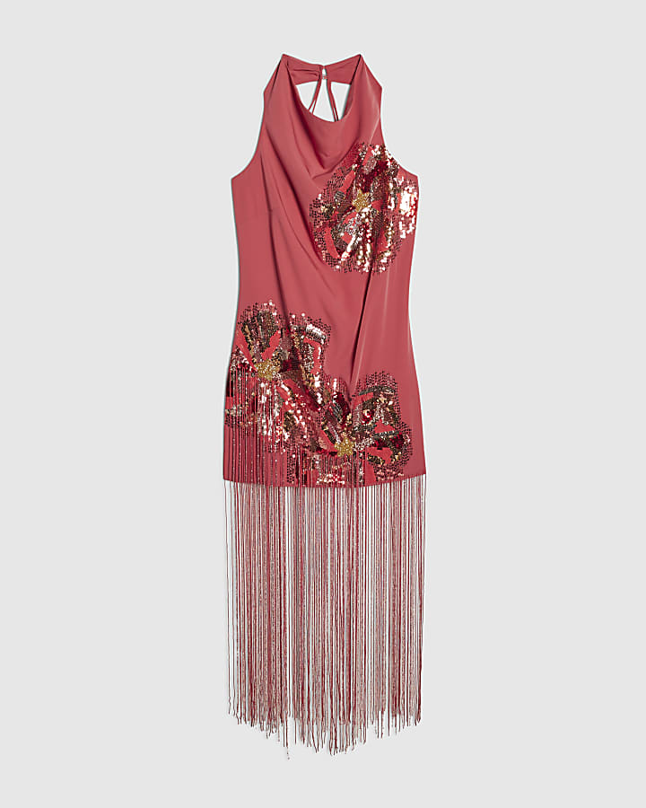 Pink Sequin Tassel Mini Dress