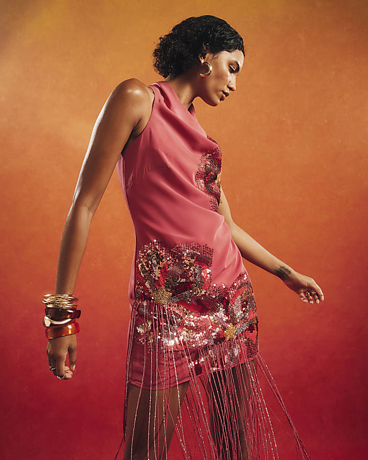 Pink Sequin Tassel Mini Dress