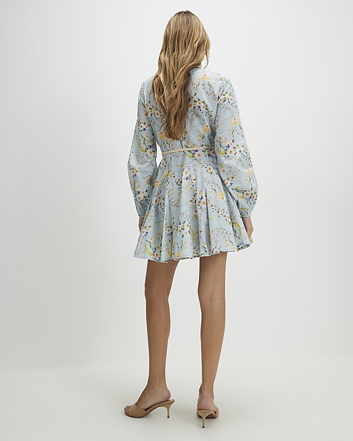 Blue Floral Belted Shirt Dress