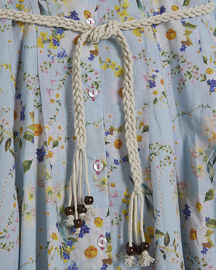 Blue Floral Belted Shirt Dress