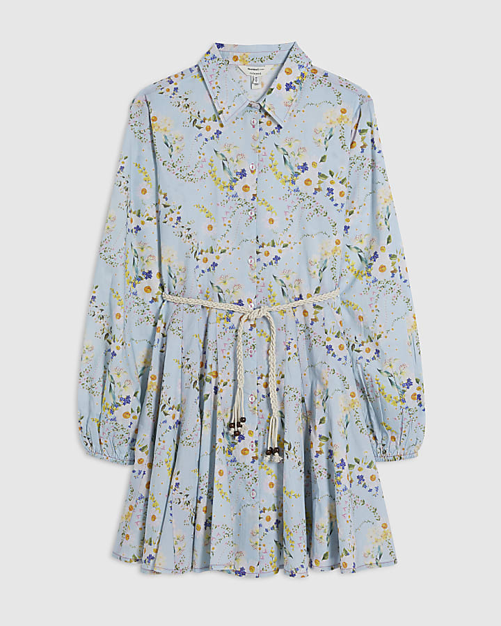 Blue Floral Belted Shirt Dress
