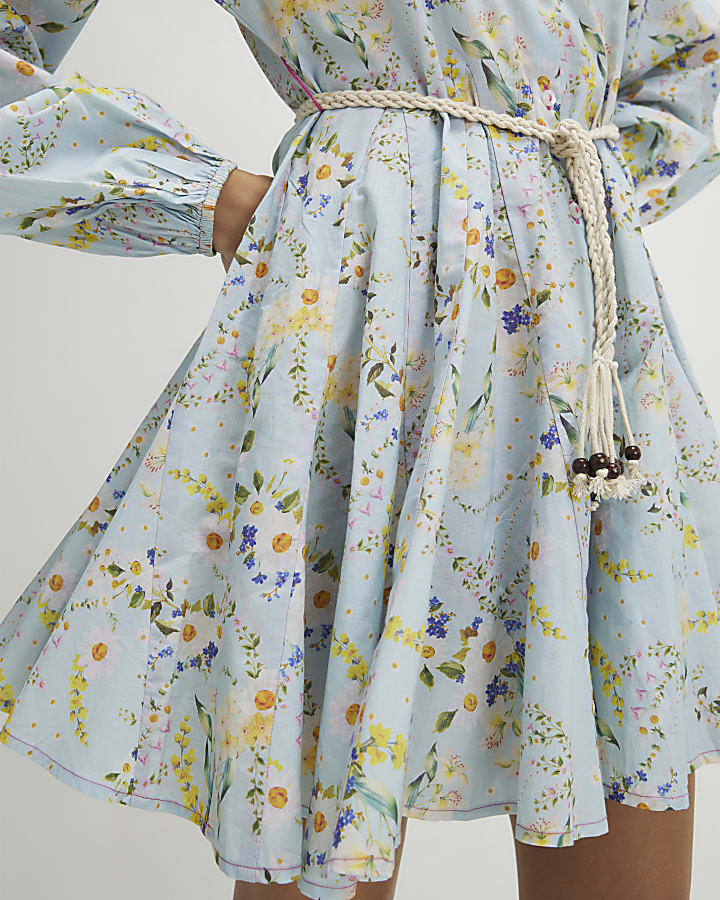 Blue Floral Belted Shirt Dress