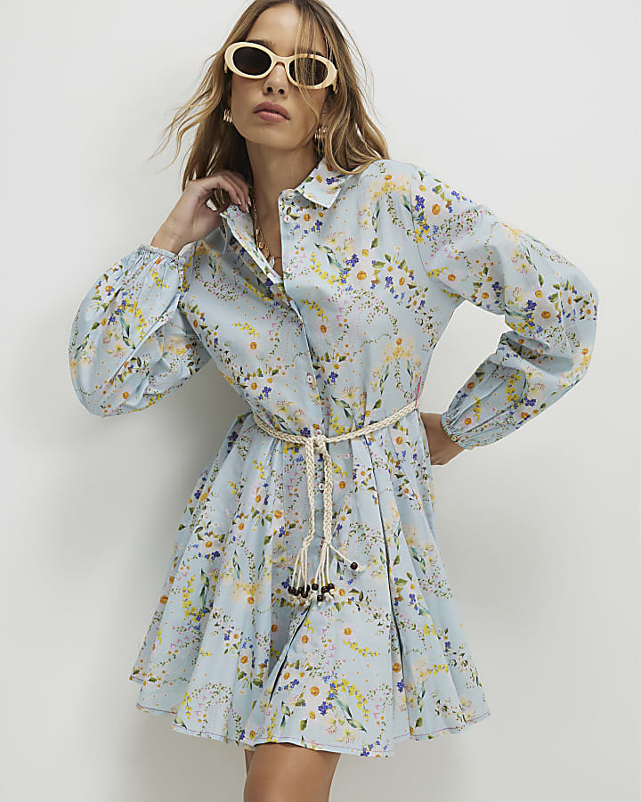 Blue Floral Belted Shirt Dress