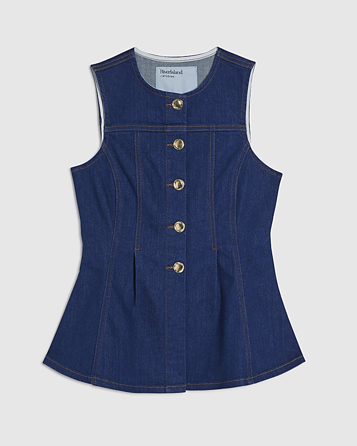 Blue Denim Sleeveless Peplum Top