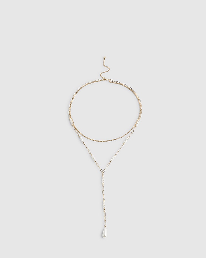 Gold Pearl Layered Lariat Necklace