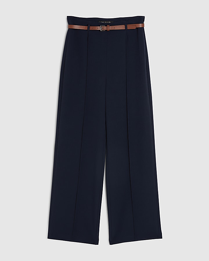 Navy Belted Straight Leg Trousers