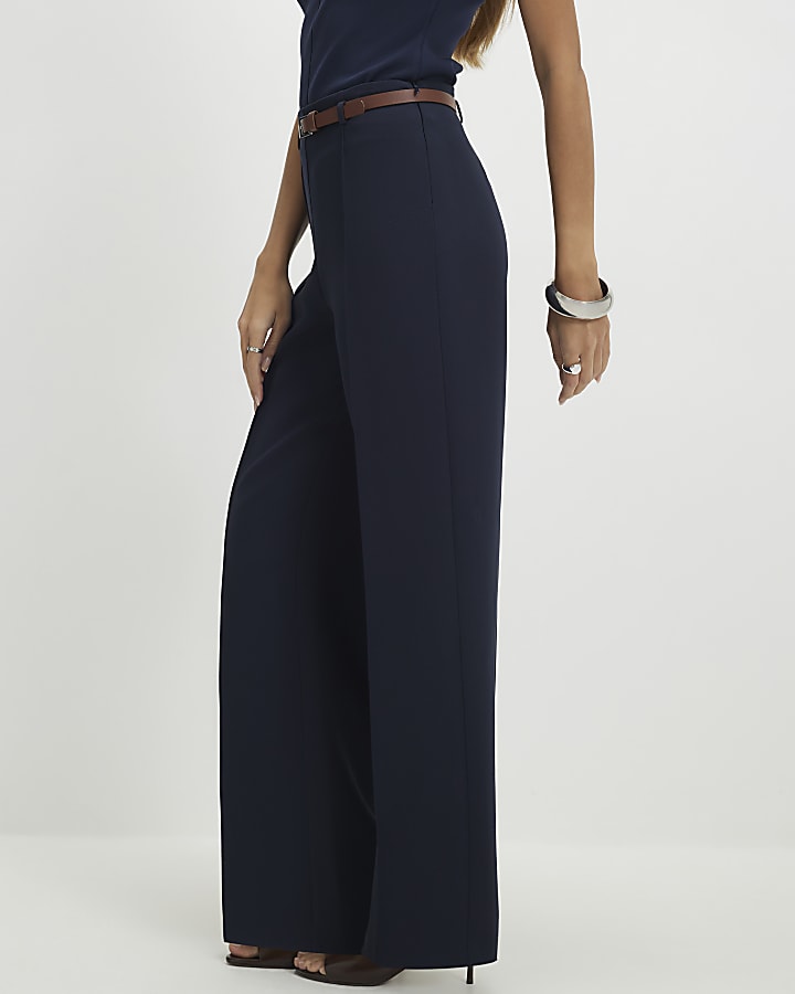 Navy Belted Straight Leg Trousers
