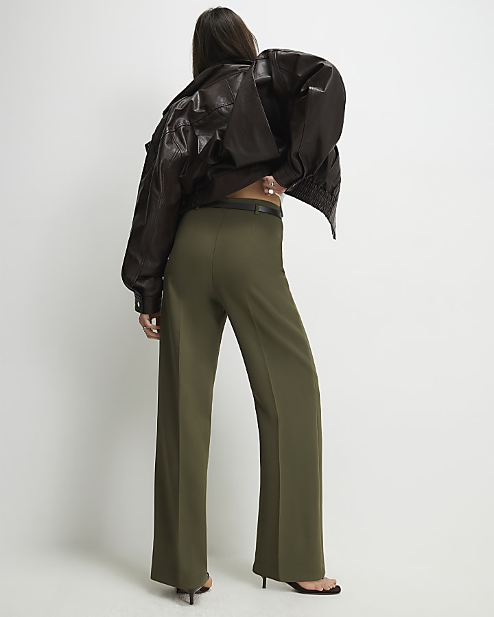 Khaki Belted Straight Leg Trousers