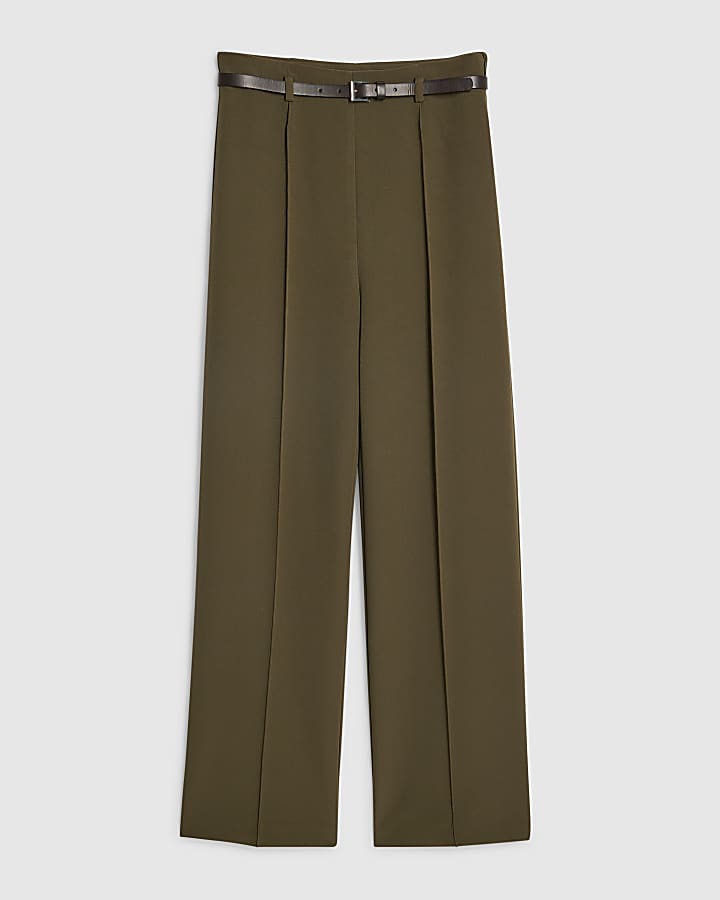 Khaki Belted Straight Leg Trousers