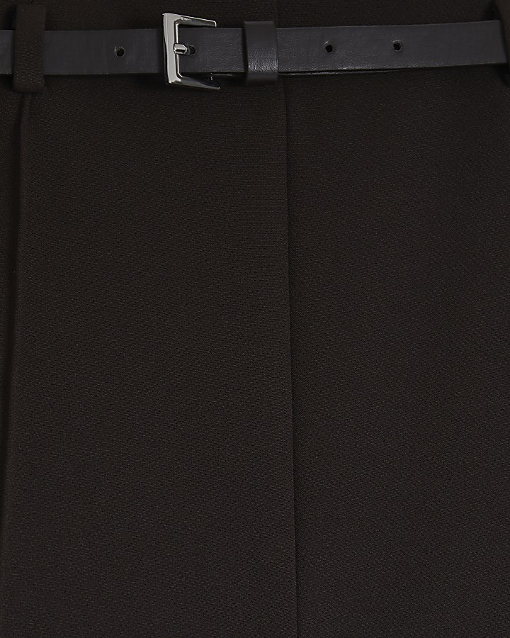 Brown Belted Pin Tuck Shorts