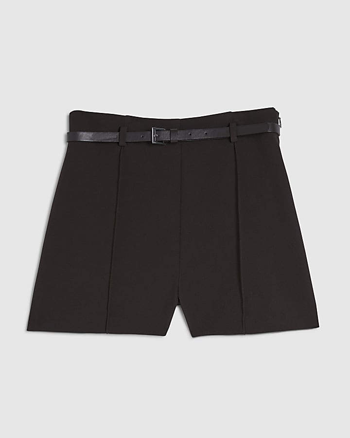 Brown Belted Pin Tuck Shorts