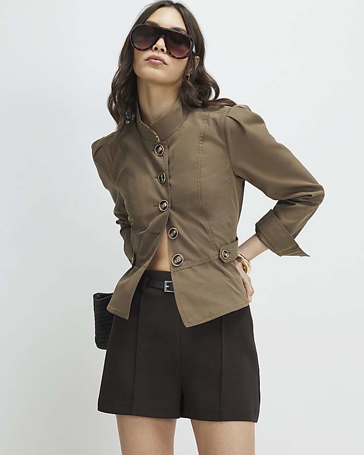 Brown Belted Pin Tuck Shorts