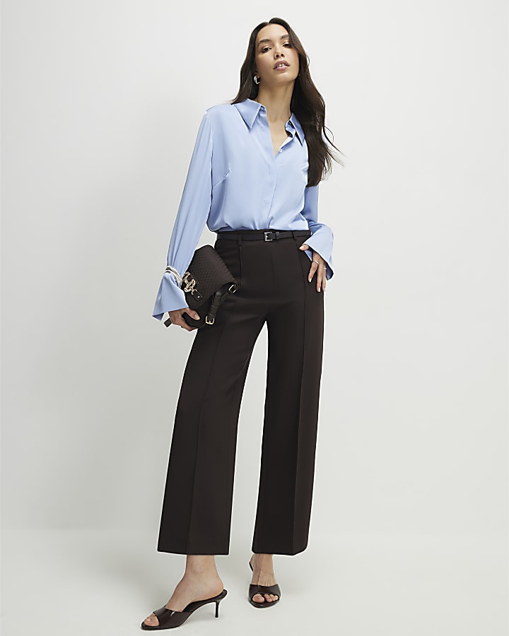 Brown Belted Cropped Wide Leg Trousers